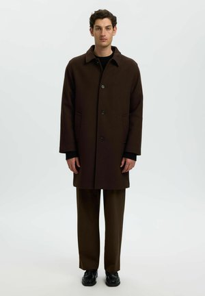 Homme debout portant un long manteau marron foncé avec un pantalon assorti et des chaussures noires, sur un fond clair uni.