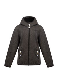 Chaqueta de forro polar con capucha en gris oscuro con un acabado texturizado, que cuenta con bolsillos delanteros con cremallera y tiradores de cremallera coloridos. Además, tiene un logo en el pecho.