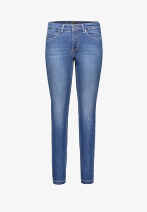 Schmal geschnittene Jeans aus Denim in mittlerem Blau, mit klassischem Fünf-Taschen-Design, leichter Verwaschung und tonaler Nahtführung.