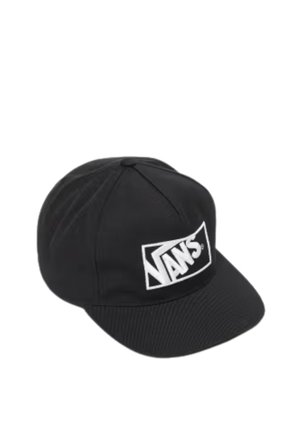 Cappellino da baseball nero Vans con visiera piatta e logo Vans bianco sul pannello frontale.