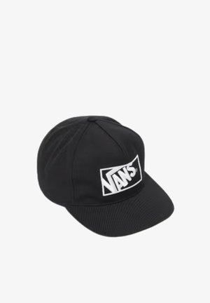 Gorra de béisbol negra de Vans con visera plana y el logo blanco de Vans en el panel frontal.