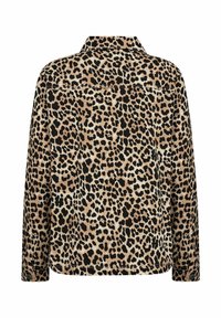 Leopard print shirt in tan and black, featuring a classic collar, long sleeves, and a relaxed fit. Textured fabric with visible stitching.