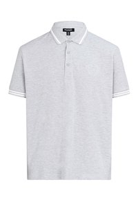 Grijze polo shirt met een gestructureerde afwerking, contrasterende witte strepen op de kraag en mouwen, drie-knopen sluiting en geborduurd logo.