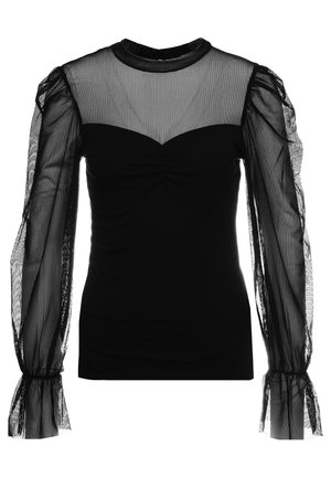 Sort langærmet top med gennemsigtige, stribede mesh-ærmer og øverste bryst, rynket buste og opsamlede manchetter med bindedetaljer.