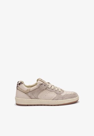 Beige suède lage sneaker met crèmekleurige veters, geperforeerde details en een leoprint hielstuk op een witte achtergrond.