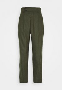 Oliwkowe, spódnice o wysokim stanie z teksturowanej tkaniny, z dwoma fałdami z przodu i zapięciem na dwa guziki w talii.