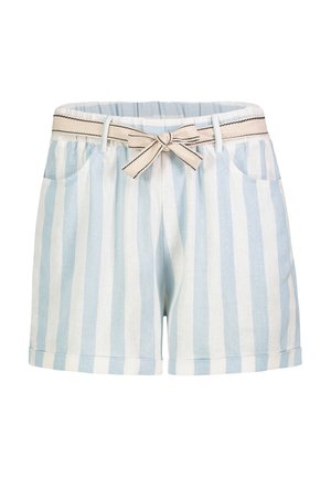 Hellblaue und weiße Shorts mit vertikalen Streifen, aufgerollten Säumen, vorderen Taschen und einem beigefarbenen Stoffgürtel, der in einer Schleife an der Taille gebunden ist.