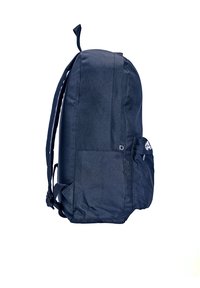 Navy blue backpack made of durable fabric. Features a large main compartment, padded straps, and a side pocket with a zipper.