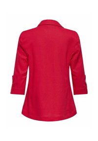 Veste rouge pour femme à manches longues avec col et poignets boutonnés, vue de dos sur un fond blanc uni.
