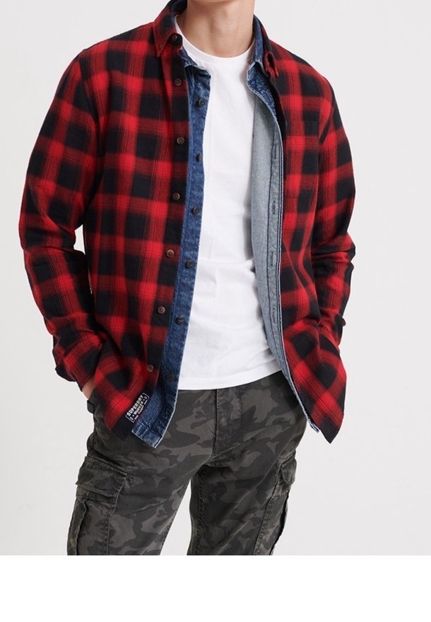 Homme portant des vêtements superposés, incluant une chemise à carreaux rouge et noire sur une veste en jean et un t-shirt blanc, avec un pantalon cargo camouflage et les mains dans les poches.