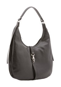 Borsa hobo in pelle nera con forma curva, hardware in argento e chiusura centrale con zip, caratterizzata da una superficie liscia e testurizzata.