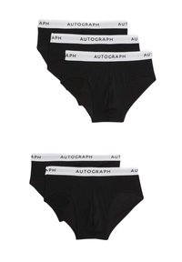 Slip in cotone nero con fascia elastica bianca etichettata "AUTOGRAPH," composto da quattro paia impilati in due file. Design classico dei slip.