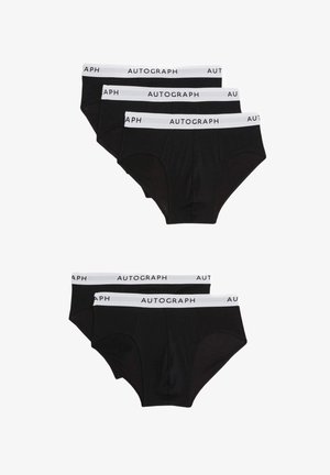 Czarne bawełniane majtki z białym elastycznym pasem z napisem "AUTOGRAPH", umieszczone w stosie składającym się z czterech par, ułożonych w dwóch rzędach. Klasyczny design majtek.
