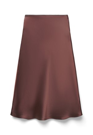 Brown satin A-line skirt with a smooth texture, featuring a subtle sheen and a hemline that flares gently from the waist.