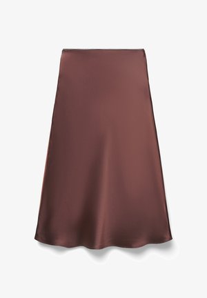 Brown satin A-line skirt with a smooth texture, featuring a subtle sheen and a hemline that flares gently from the waist.