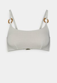 Sutiã branco com padrão texturizado, alças ajustáveis com detalhes em madeira redonda e fecho nas costas.