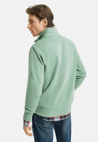 Grüner Pullover mit hohem Kragen, gerippten Bündchen und Saum. Über einem karierten Hemd getragen, von hinten zu sehen, präsentiert einen lockeren Schnitt.