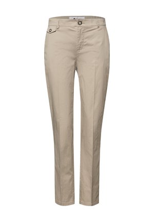 Beige bukser med lige ben, lukkes med knap og lynlås, bæltestropper og en lille lomme med knapklap på højre forside.