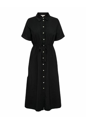 Schwarzes knieumspieltes Hemdblusenkleid mit kurzen Ärmeln, Kragen, durchgehender Knopfleiste vorne und verstellbarem Taillenzug.