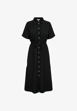 Schwarzes knieumspieltes Hemdblusenkleid mit kurzen Ärmeln, Kragen, durchgehender Knopfleiste vorne und verstellbarem Taillenzug.