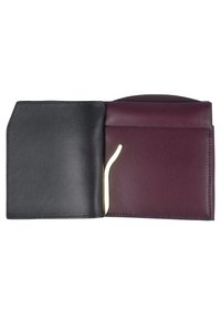 Two-tone wallet featuring a black leather interior and a burgundy leather exterior. Includes a gold accent for added detail.