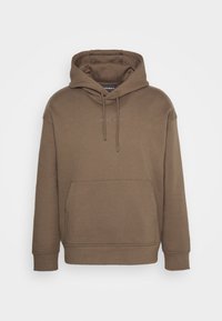 Brown hoodie made of cotton blend. Features a front kangaroo pocket, drawstring hood, and ribbed cuffs. Subtle logo on the chest.
