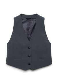 Gilet grigio su misura con scollo a V, bottoni frontali e due tasche laterali. Tessuto liscio con un design elegante e moderno.