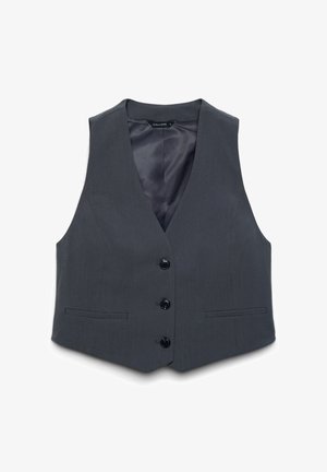 Gray, tailored vest with a V-neck, front buttons, and two side pockets. Smooth fabric with a sleek, modern design.