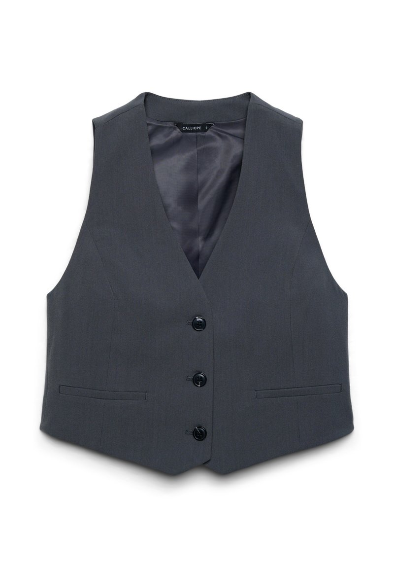 Gilet grigio su misura con scollo a V, bottoni frontali e due tasche laterali. Tessuto liscio con un design elegante e moderno.