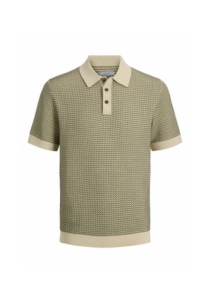 Beiges kurzärmeliges Strick-Poloshirt mit strukturiertem Muster, Drei-Knopf-Leiste, geripptem Kragen, Bündchen und Saum.