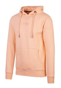 Perzikkleurige hoodie van zacht katoen, met een voorzak, ribgebreide manchetten en onderrand, en een trekkoord met metalen tips. Logo op de borst.