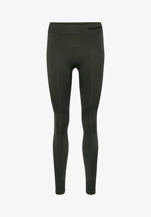 Dunkelgrüne Leggings aus dehnbarem Material, mit einem gerippten Taillenbund und dezenten strukturierten Mustern an den Seiten.