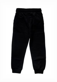 Black fleece sweatpants with elastic waistband and cuffs, laid flat with front side facing up.