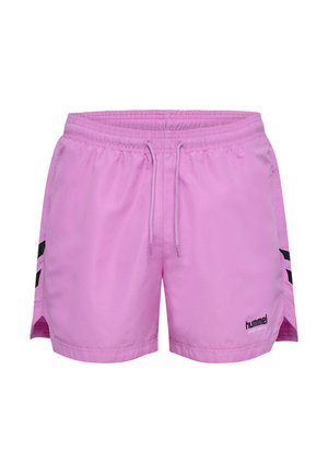 Rosa Sportshorts aus leichtem Material, mit elastischem Bund, Kordelzug und schwarzen seitlichen Akzenten mit einem Markenlogo.