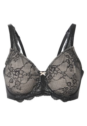 Zwarte kanten beha met een bloemenpatroon, zachte cups, verstelbare schouderbanden en een klein strikje in het midden. Textuurstof met een gladde achterzijde.