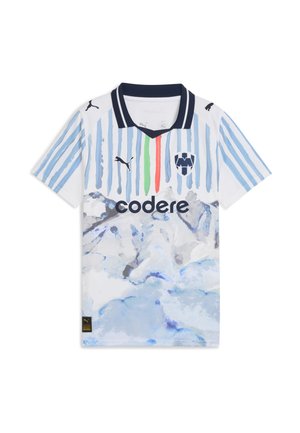 Maillot de football blanc avec des rayures verticales bleues, un graphique de montagne, une bande centrale verte et rouge, des logos Puma et le texte sponsor "codere".