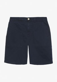 Pantaloni cargo in cotone blu navy con due tasche frontali, chiusura con bottone e dettagli cuciti lungo i bordi. Vestibilità regolare e lunghezza al ginocchio.