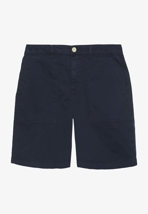 Námořnické modré bavlněné cargo šortky se dvěma předními kapsami, zapínáním na knoflík a šitými detaily podél okrajů. Normální střih a délka po kolena.