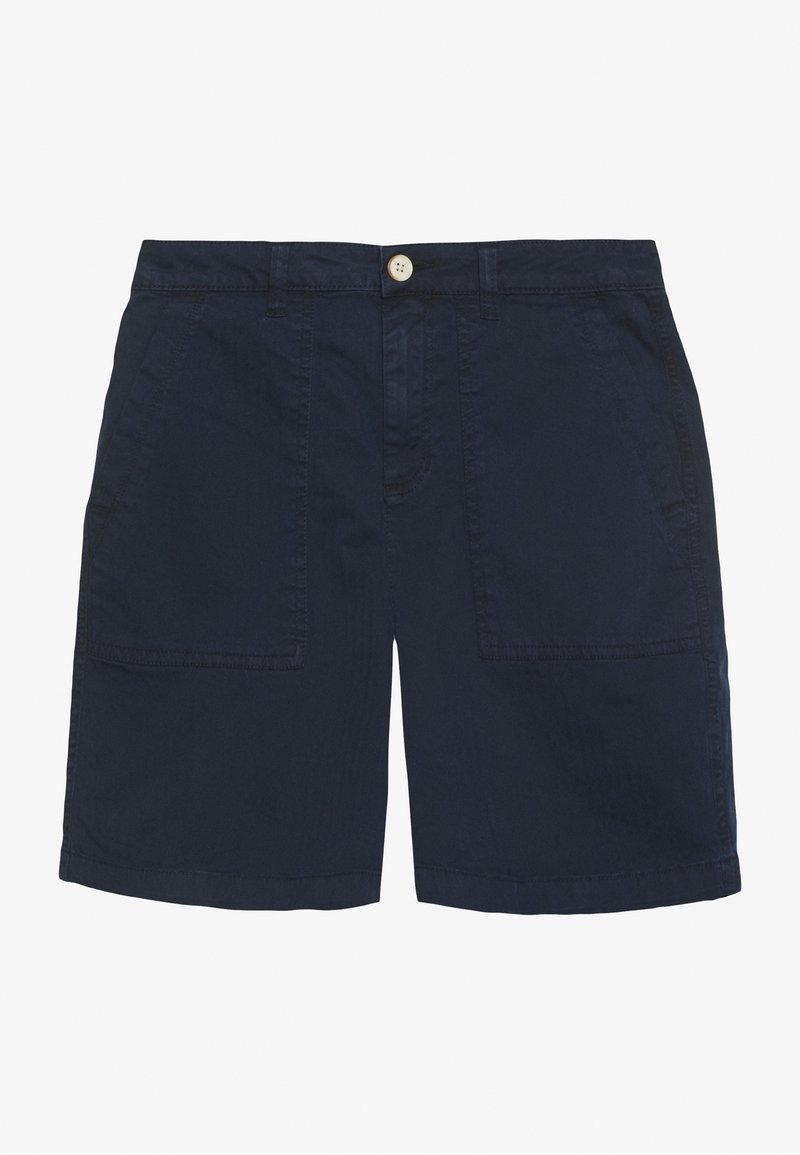 Pantaloni cargo in cotone blu navy con due tasche frontali, chiusura con bottone e dettagli cuciti lungo i bordi. Vestibilità regolare e lunghezza al ginocchio.