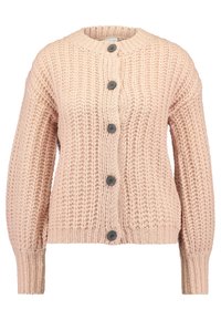 Tjockstickad långärmad kofta i ljusrosa med fem mörka knappar och ribbade cuffs och nederkant.