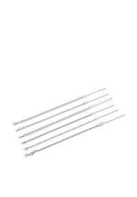 Five silver chains with different link styles and lobster clasp closures arranged parallel on a white background.