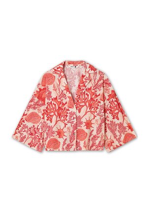 Red and coral patterned cropped jacket with a notched collar and wide sleeves, featuring a floral and shell motif on a light background.