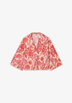 Cropped jakna s uzorkom u crvenim i koraljnim tonovima, s odrezanim ovratnikom i širokim rukavima, koji sadrži cvjetni i školjkaški motiv na svijetloj podlozi.