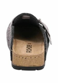Zoccoli grigi con suola in sughero e suola in gomma nera. Presentano una fibbia regolabile e una superficie interna liscia. Adatti per un abbigliamento casual.