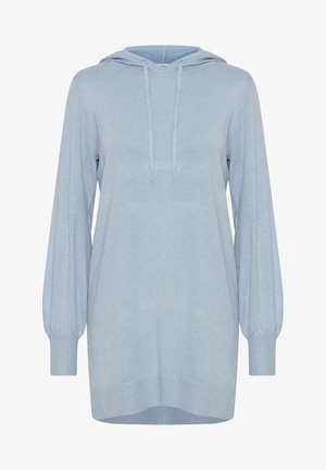 Jasnoniebieska bluza z kapturem wykonana z miękkiej tkaniny, posiada sznurek do ściągania w kapturze, długie bufiaste rękawy oraz ściągacze na końcach rękawów i u dołu.