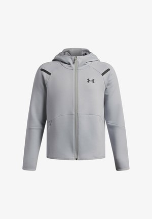 Šviesiai pilkas džemperis su pilno ilgio užtrauktuku, su kapišonu, ilgomis rankovėmis, dviem priekinių kišenių ir mažu juodu „Under Armour“ logotipu ant krūtinės.