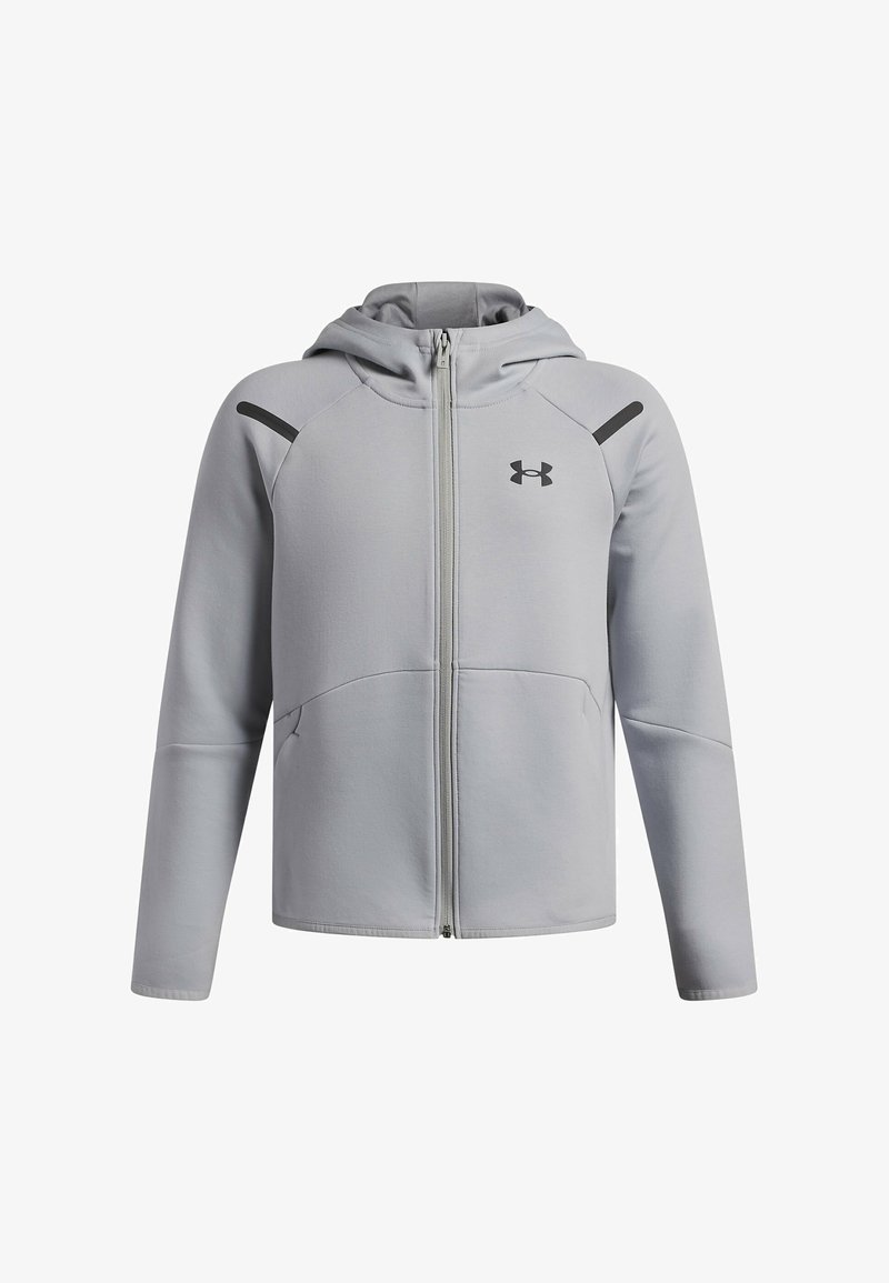 Sudadera con capucha de cremallera completa de color gris claro, con capucha, mangas largas, dos bolsillos delanteros y un pequeño logotipo negro de Under Armour en el pecho.