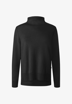 Suéter negro de cuello alto, de manga larga, textura suave, dobladillo recto, sutiles acentos de canalé en el cuello y los puños, ajuste casual.
