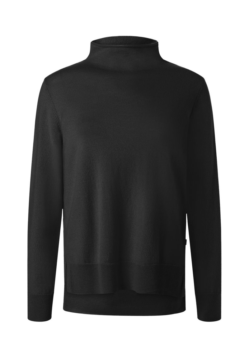Pull à col roulé noir, manches longues, texture douce, ourlet droit, accents côtelés subtils au niveau de l'encolure et des poignets, coupe décontractée.