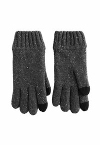 Svarta och grå handskar gjorda av stickat tyg, med ett fläckigt mönster och ribbade muddar. Femfingerdesign för smidighet.